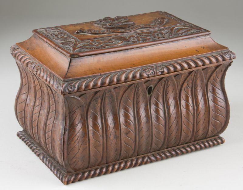 Appraisal: Unusual Carved Bombe Form Tea Caddy th century mahogany the