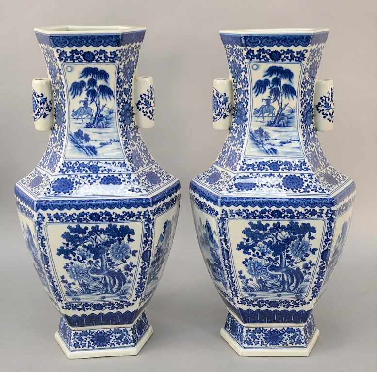 Appraisal: Large pair of blue white hexagonal vases China th century