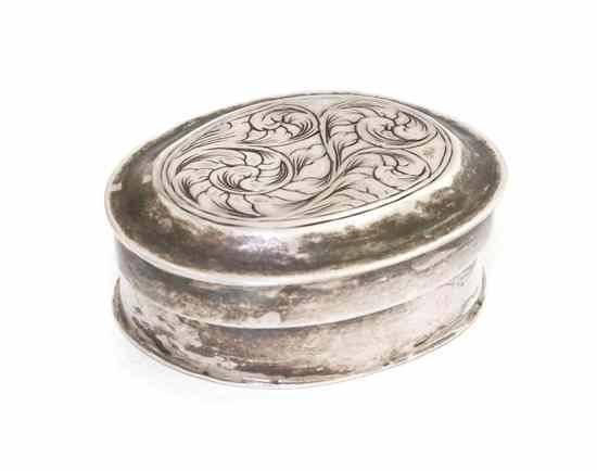 Appraisal: A German Silver Snuff Box Augsburg of oval form having