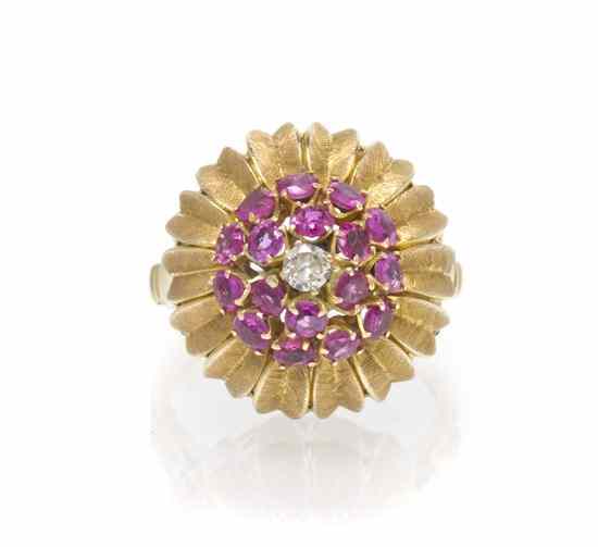 Appraisal: A Karat Yellow Gold Ruby and Diamond Flower Ring containing