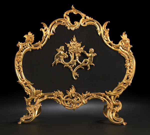 Appraisal: Louis XV-Style Gilt-Lacquered Brass Firescreen ca the foliate-modeled frame with