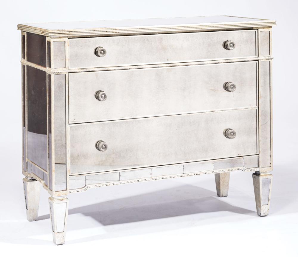 Appraisal: Contemporary Mirror-Inset Chest of Drawers cloudy mirror plates three drawers