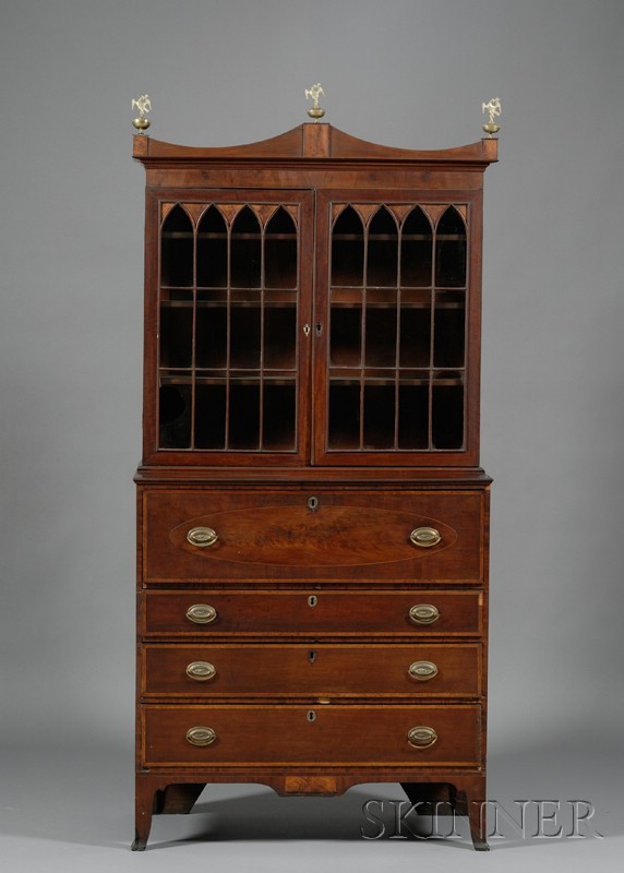 Appraisal: Federal Mahogany Wavy Birch and Bird's-eye Maple Inlaid Glazed Desk