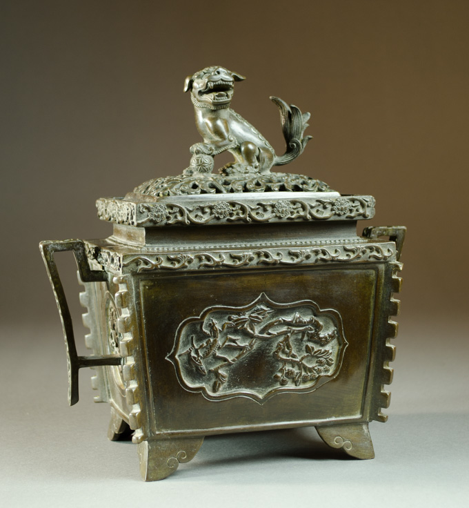 Appraisal: CHINESE BRONZE CENSER of rectangular form surmounted by a pierced