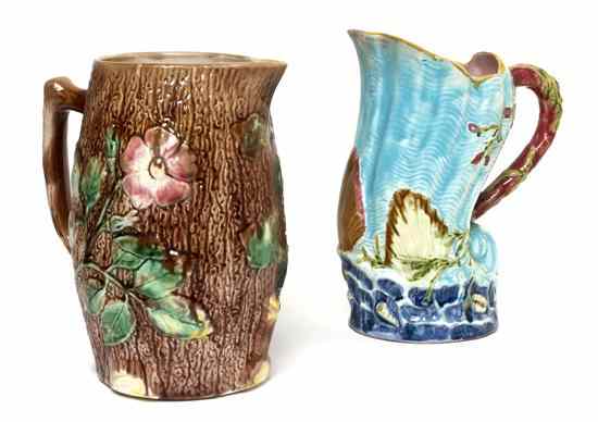 Appraisal: Two Majolica Pitchers one of cornucopia form with applied shells