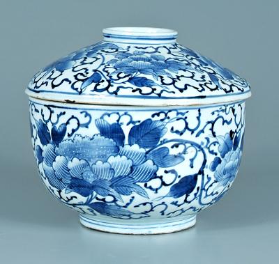 Appraisal: Chinese lidded bowl blue and white scrolling lotus design early