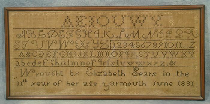 Appraisal: Needlework alphabet sampler Elizabeth Sears June yrs old Yarmouth Cape