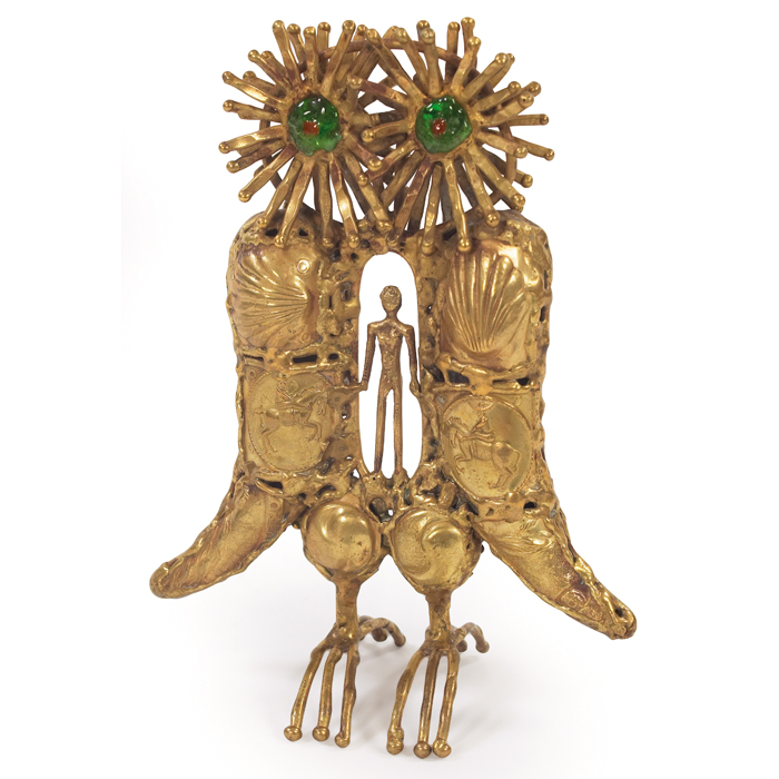 Appraisal: Pal Kepenyes owl sculpture Mexico textured brass owl with smallfigure