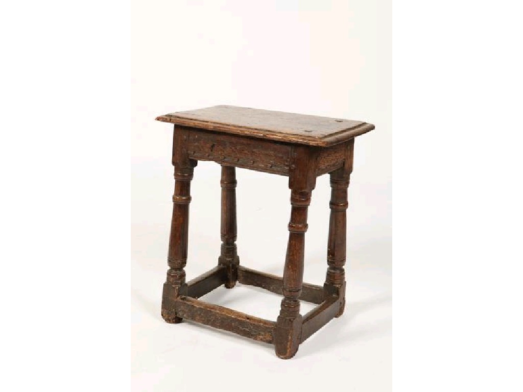 Appraisal: A CHARLES II JOINED OAK STOOL the rectangular top with