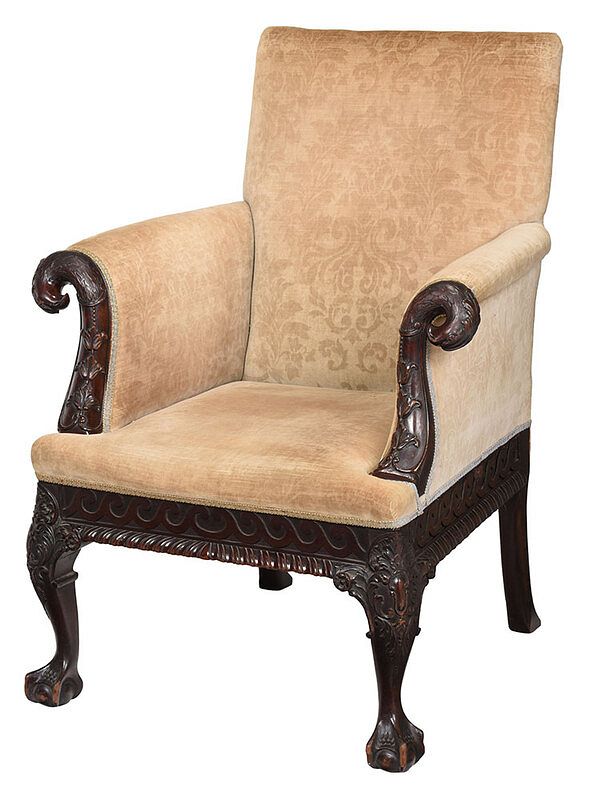 Appraisal: George II Style Carved Mahogany Armchair late th century bellflower