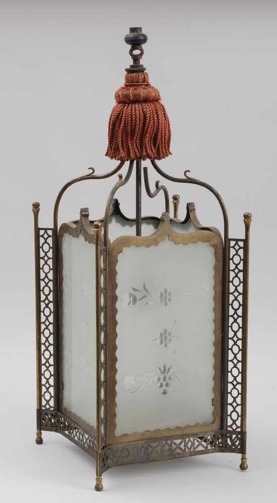 Appraisal: REGENCY STYLE GILT-METAL MOUNTED ETCHED GLASS HALL LANTERN The four