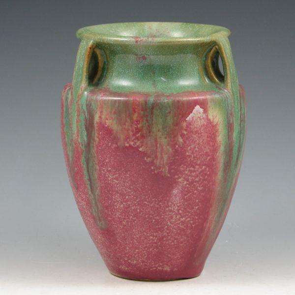 Appraisal: Fulper bullet vase with green flambe over rose glazes Marked