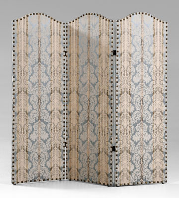 Appraisal: Upholstered three-panel room screen three hinged panels with arched tops