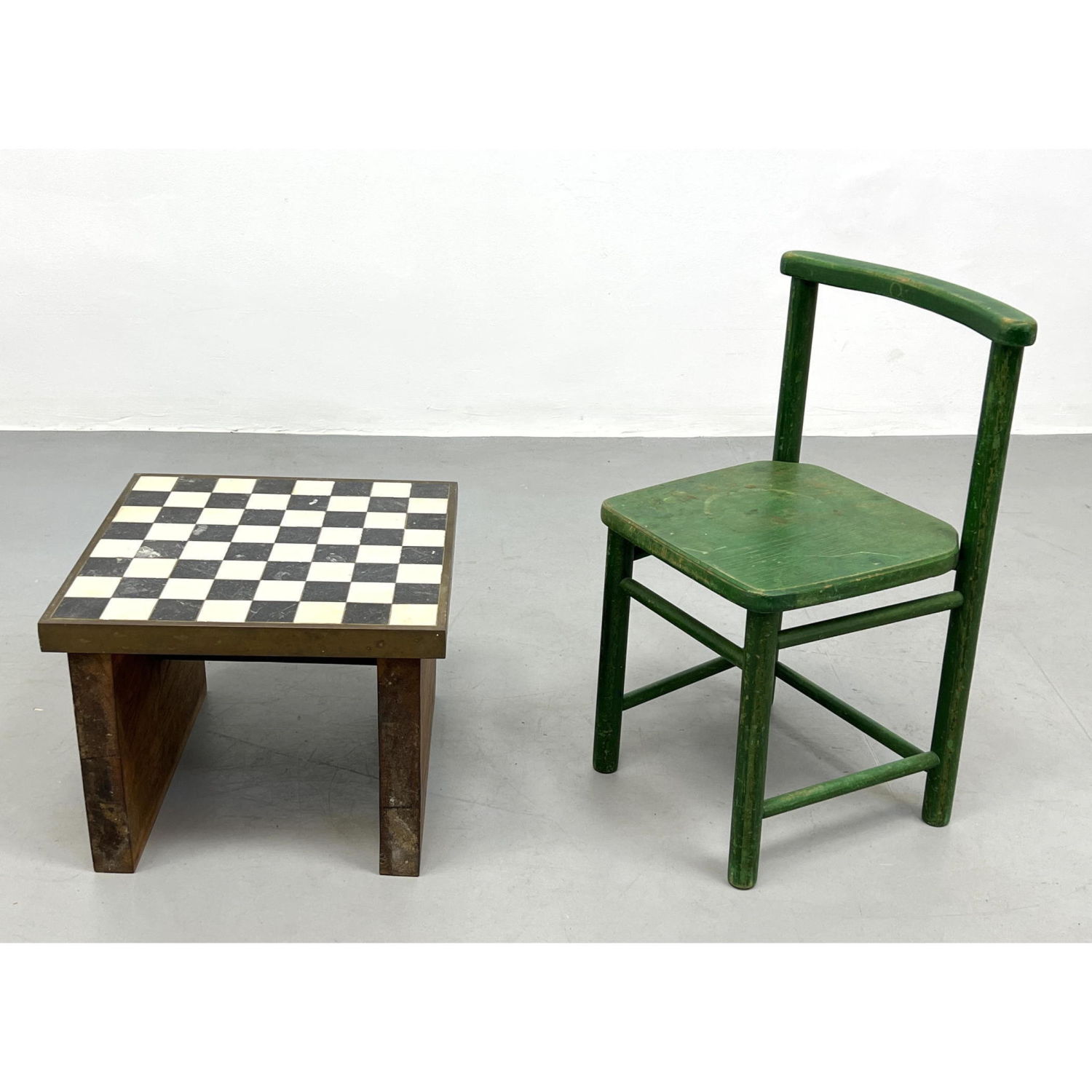 Appraisal: Marble and Brass checkered top Table w Diminutive Wood Chair