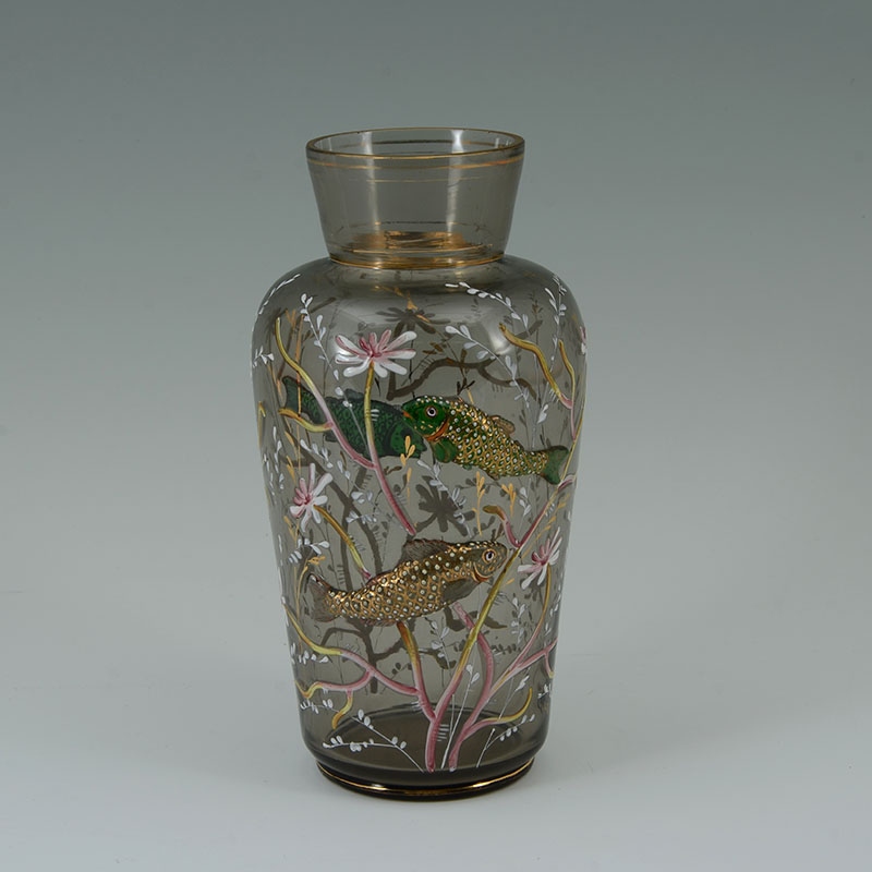 Appraisal: ATTRIB MOSER APPLIED FISH VASE Smoky glass baluster form vase