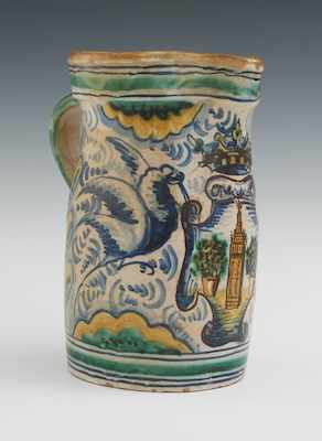 Appraisal: A Spanish Majolica Pitcher Cylinder shape with slightly swelling mid