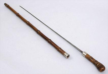 Appraisal: BAMBOO WALKING STICK WITH SILVER-PLATED MOUNTS Opening to reveal a