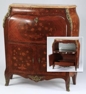 Appraisal: Marquetry inlaid marble top cabinet h Louis XV inspired marquetry