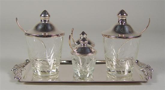 Appraisal: Silverplate Condiment Set Five piece set consisting of tray with