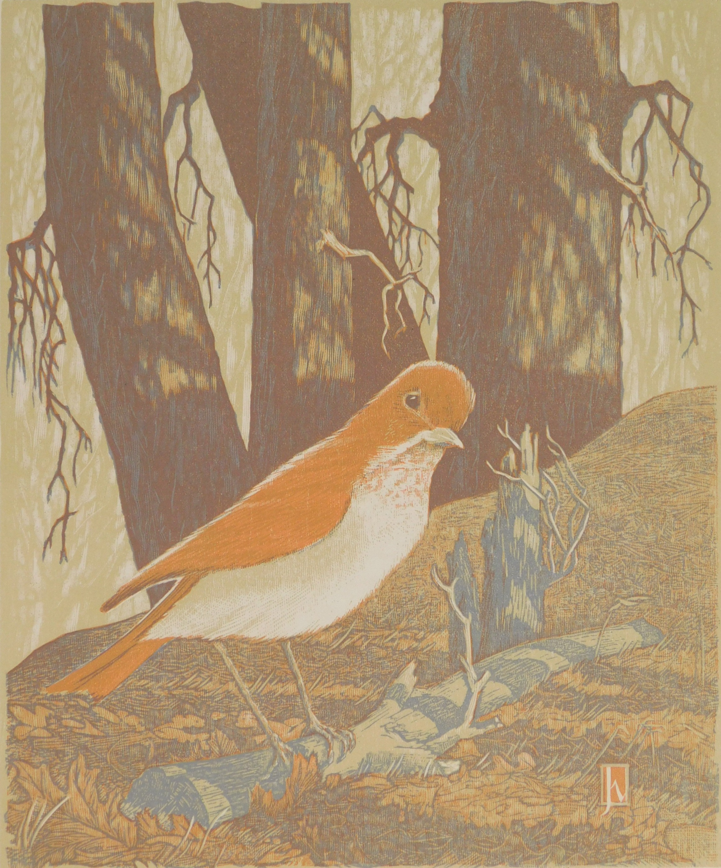 Appraisal: James D Havens - ''Shy Veery''- woodcut in colors signed