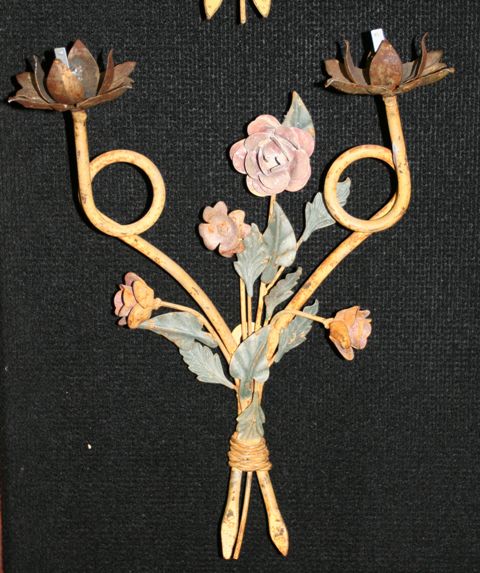 Appraisal: A pair of Venetian polychrome painted floral wall sconces