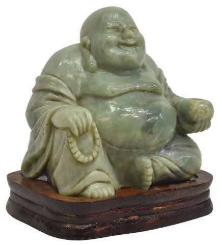 Appraisal: Chinese hardstone carving seated laughing Buddha on wood base approx