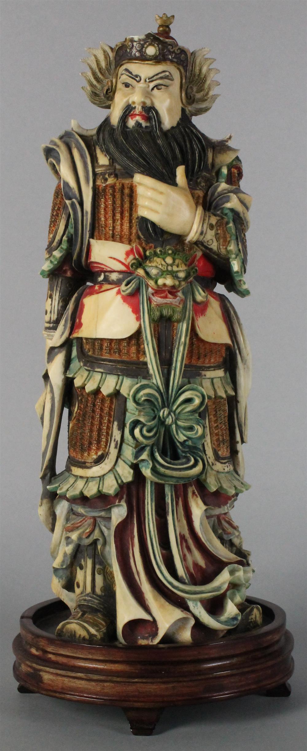 Appraisal: CHINESE POLYCHROME IVORY FIGURE OF A WARRIOR POSSIBLY GUANGDI dressed