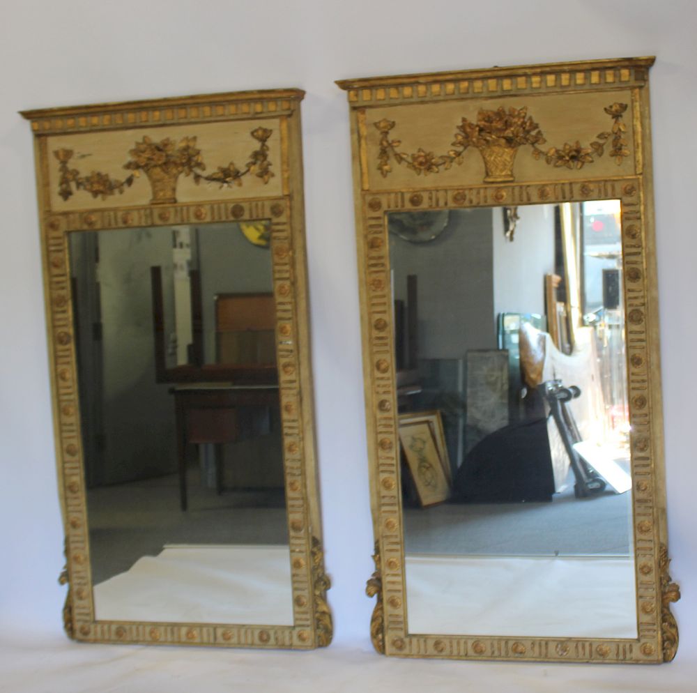 Appraisal: Pair Of Impressive Antique Carved Paint Gilt Decorated Trumeau Mirrors