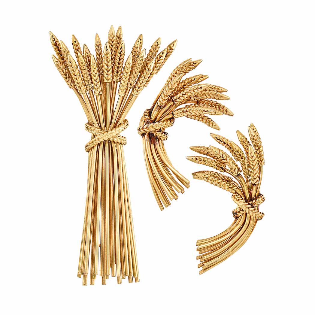 Appraisal: Gold Wheat Sheaf Brooch and Pair of Earclips kt ap