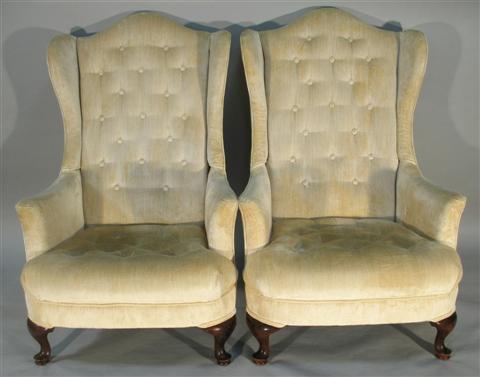 Appraisal: PAIR OF QUEEN ANNE STYLE WINGBACK ARMCHAIRS th century shaped