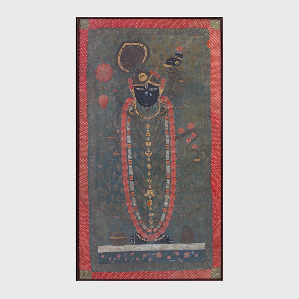 Appraisal: Indian Pichwai of Lord Krishna and Lotus Painted on cloth