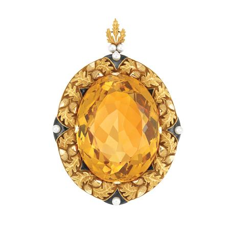 Appraisal: Antique Gold Citrine Black Enamel and Pearl Pendant-Brooch J E