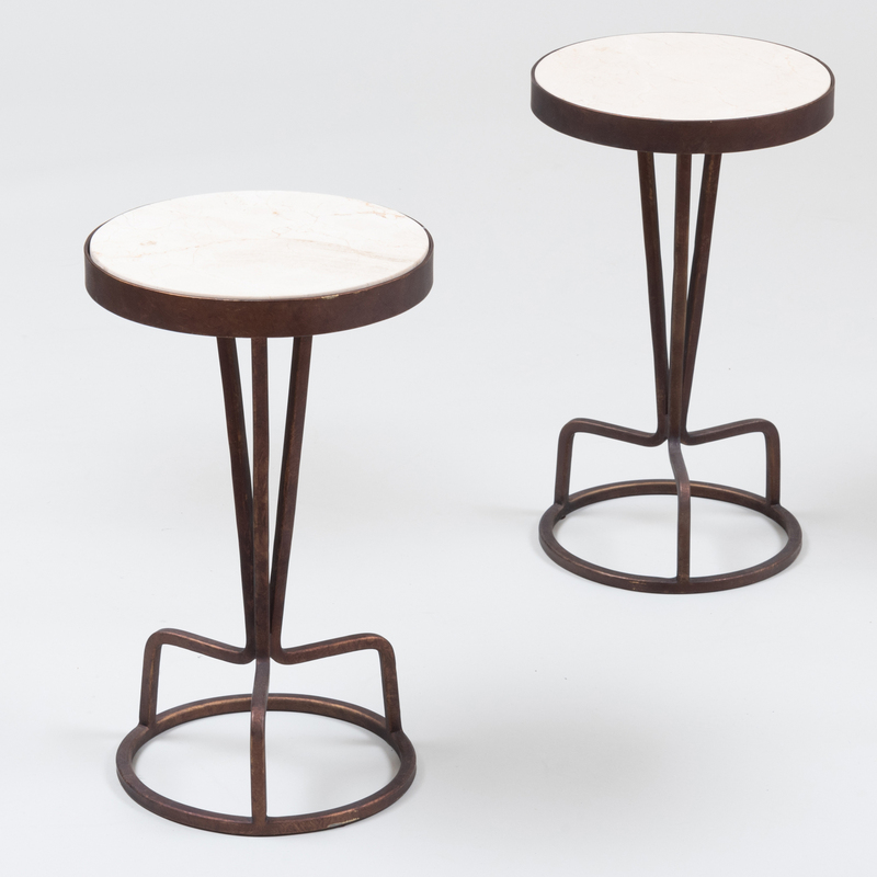 Appraisal: Pair of Contemporary Patinated-Metal and Travertine Circular Low Tables x