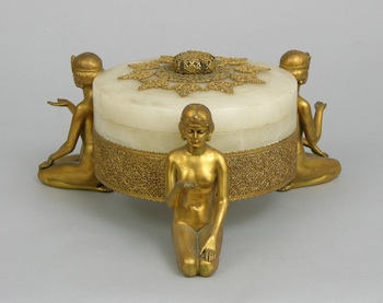 Appraisal: An Art Deco Alabaster and Gilt Metal Figurative Dresser Box