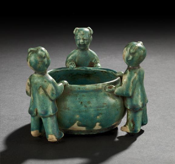 Appraisal: Chinese Turquoise-Glazed Brush Washer th century the pottery body molded