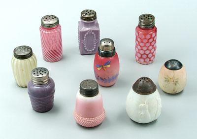 Appraisal: Nine small glass shakers one cranberry with opalescent coin spots