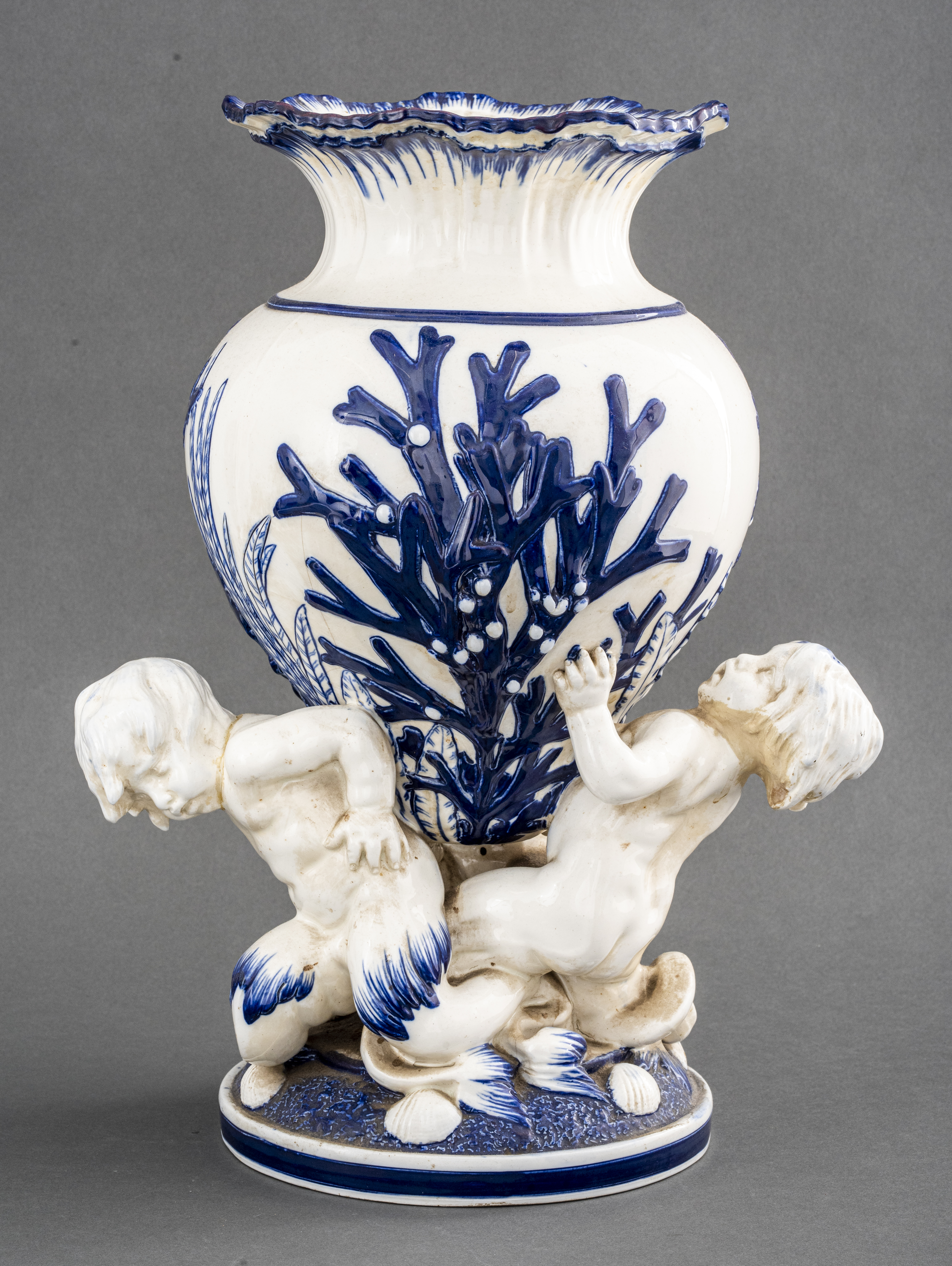 Appraisal: MINTONS ENGLISH TRITON MAJOLICA VASE Mintons English majolica Triton blue