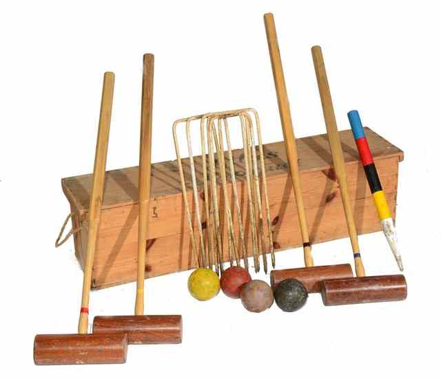 Appraisal: AN OLD CROQUET SET in a pine box market 'Atlas