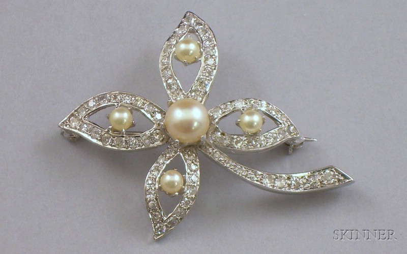 Appraisal: kt White Gold Diamond and Pearl Floriform Brooch ht wd