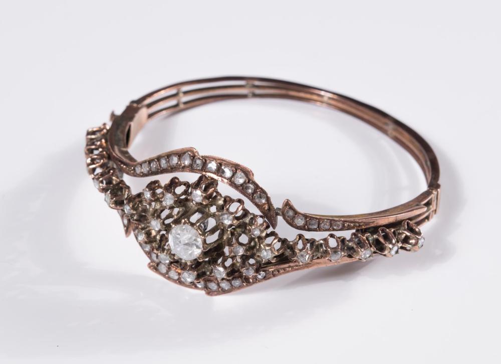 Appraisal: ANTIQUE DIAMOND AND ROSE GOLD BANGLE BRACELET The oval hinged