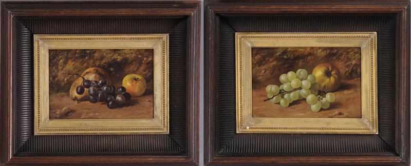 Appraisal: PAIR OF STILL LIFE PAINTINGS OF GRAPES APPLES AND PEARS