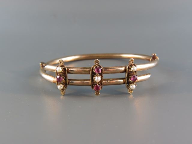 Appraisal: Victorian Gold Bangle Bracelet four rubies and five pearls in