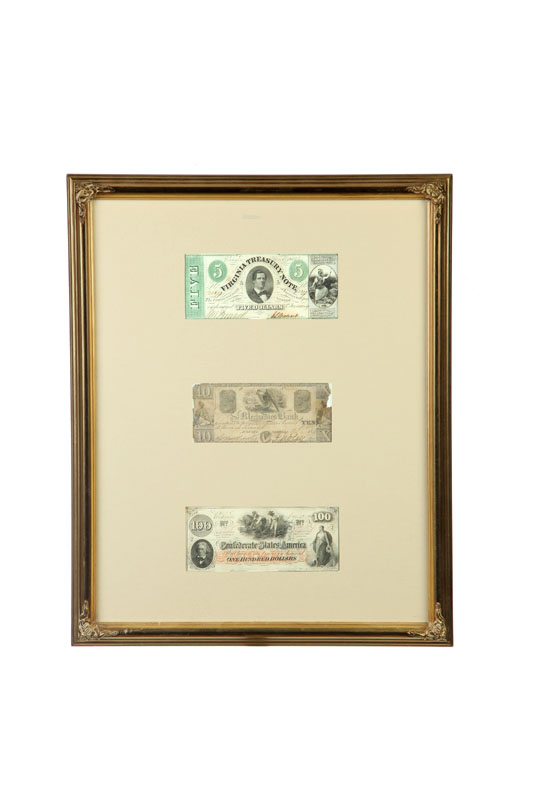 Appraisal: FRAMED DISPLAY OF CONFEDERATE CURRENCY Includes an Virginia treasury note