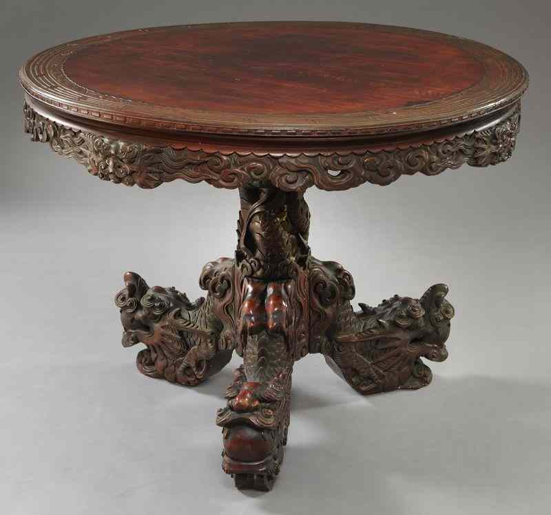 Appraisal: Japanese highly carved teak center tablewith a Greek key carved