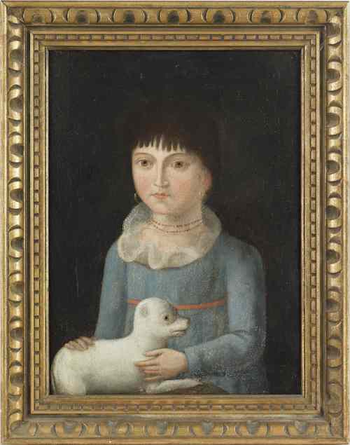 Appraisal: Oil on canvas folk portrait of a girl and dog