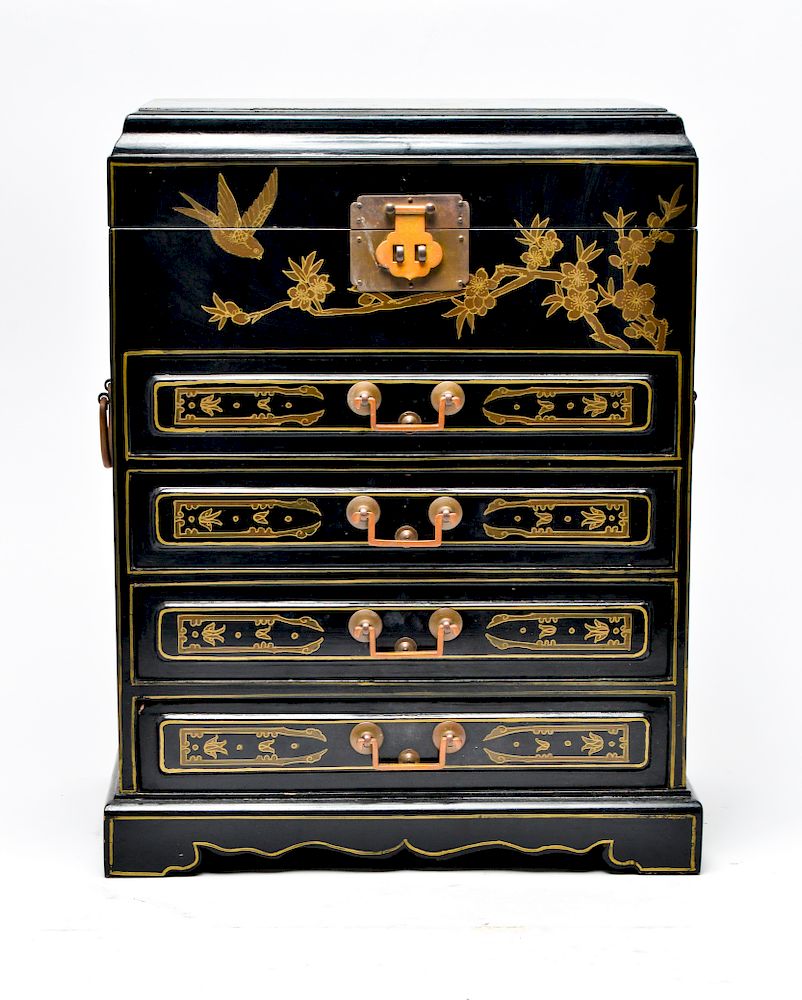 Appraisal: Asian Black Lacquer Large Jewelry Cabinet Box Asian black lacquer