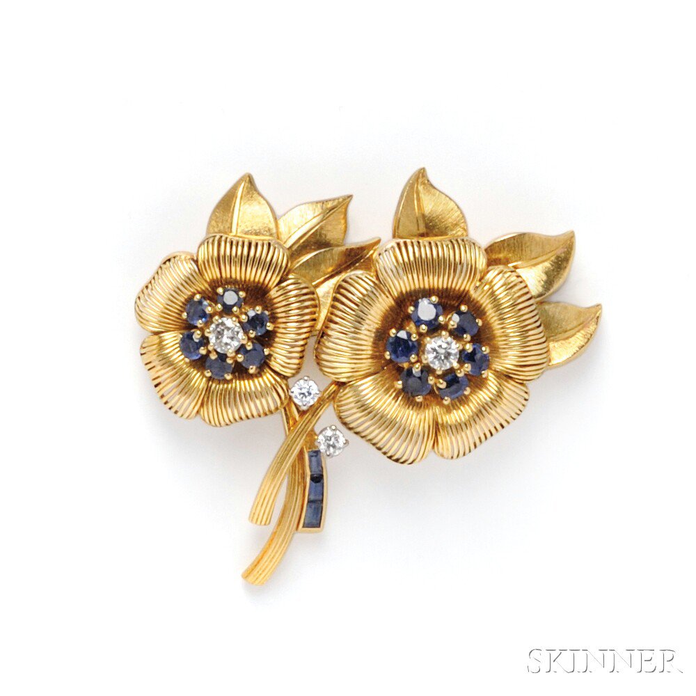 Appraisal: kt Gold Sapphire and Diamond Flower Brooch set with circular-