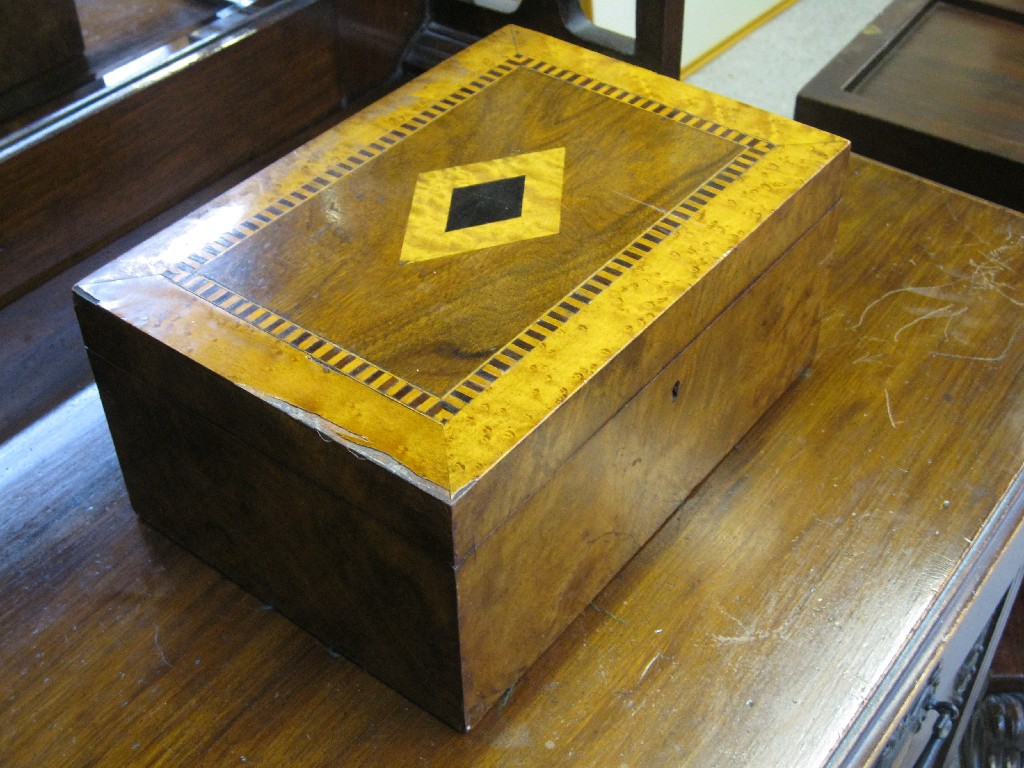 Appraisal: Birds eye maple mahogany and satinwood inlaid jewellery box