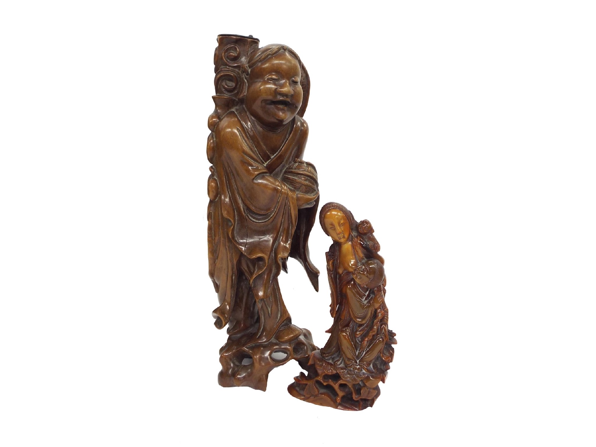 Appraisal: Chinese carved wooden figure of a standing laughing gentleman holding