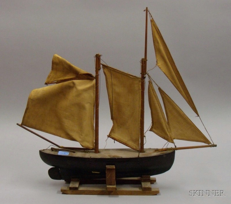 Appraisal: Folk Painted Wooden Two-Masted Sailboat Model on Stand damage approx